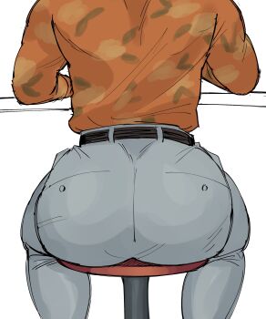 1boy absurdres ass ass_focus bara chair cropped_head dokeshin grey_pants highres huge_ass judge_eyes kaito_masaharu male_focus multicolored_shirt muscular muscular_male on_chair pants table white_background