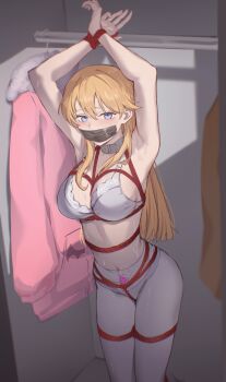 1girl absurdres armpits arms_up bdsm blonde_hair blue_eyes bondage bound bound_arms bound_legs bound_wrists bra breasts collar crotch_rope egg_vibrator female_focus gag gagged highres improvised_gag indoors large_breasts long_hair looking_at_viewer navel original pantyhose sex_toy shibari shibari_over_clothes slave solo standing stomach tape tape_gag tetsuffy_(tetsulul) underwear variant_set vibrator vibrator_cord vibrator_under_clothes wardrobe white_bra white_pantyhose