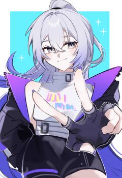 1girl absurdres black_gloves black_jacket black_shorts blue_background commentary cowboy_shot crossed_bangs fingerless_gloves gloves grey_eyes grey_hair highres honkai:_star_rail honkai_(series) jacket long_hair looking_at_viewer open_clothes open_jacket osakana_shira ponytail shirt shorts silver_wolf_(elation)_(honkai:_star_rail) silver_wolf_(honkai:_star_rail) simple_background smile solo turtleneck turtleneck_shirt v white_shirt
