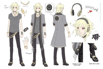 1boy androgynous asymmetrical_hair back belt belt_skirt bishounen black_nails blonde_hair bracelet reference_sheet choker coat collarbone concept_art cubi_(vocaloid) floating_clothes full_body grey_coat headphones headphones_around_neck headphones_removed headset heart jewelry long_coat long_hair loose_clothes male_polish nail_polish pet red_eyes robot sartika3091 see-through_clothes sketch sparkle speaker spiked_bracelet spikes vocaloid yohioloid