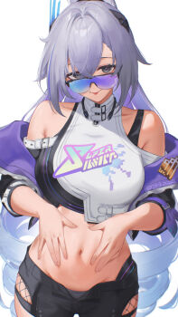 1girl black_shorts breasts commentary crop_top drill_hair goggles grey_eyes grey_hair highres honkai:_star_rail honkai_(series) jacket large_breasts long_hair looking_at_viewer midriff navel pinching_own_belly short_shorts shorts silver_wolf_(honkai:_star_rail) silver_wolf_(lv.999)_(honkai:_star_rail) simple_background solo tongue tongue_out twin_drills two-sided_fabric two-sided_jacket very_long_hair white_background zinkaa