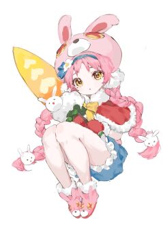 1girl animal-themed_footwear animal_hat blue_hairband blue_shorts boots bow bowtie braid capelet commentary flower frilled_shorts frills fur-trimmed_boots fur-trimmed_capelet fur-trimmed_mittens fur_trim hair_flower hair_ornament hairband hat highres long_hair mimi_(princess_connect!) mittens parted_lips pink_boots pink_hair pink_hat princess_connect! rabbit_hair_ornament rabbit_hat red_capelet red_mittens shorts simple_background solo twin_braids vihua6 white_background white_flower yellow_bow yellow_bowtie yellow_eyes