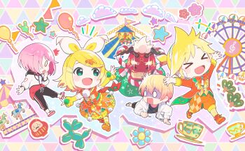 >_< +_+ 0_0 2boys 2girls :d aqua_eyes balloon balloon_animal banner black_pants black_shirt blue_flower blush bow carousel chibi chibi_only cloud coat coattails colorful_palette cup detached_sleeves dress ferris_wheel flower game_cg gradient_hair hair_bow hair_ornament hairclip heart highres hood hoodie kagamine_len kagamine_rin kouhaku_nawa long_sleeves multicolored_hair multiple_boys multiple_girls musical_note official_art ootori_emu open_clothes open_hoodie open_mouth orange_coat orange_dress orange_pants orange_shoes outline pants parallel_hairclips pink_hair pom_pom_(clothes) project_sekai puffy_pants rope saucer shimenawa shinshun!_shishimai_robo_no_oshougatsu_show!_(project_sekai) shirt shoes smile socks spiked_hair star_(symbol) striped_clothes striped_socks sweatdrop tailcoat teacup tenma_tsukasa third-party_source vocaloid white_bow white_hoodie white_outline white_shoes white_socks wonderlands_x_showtime_len wonderlands_x_showtime_rin yellow_sleeves yellow_socks