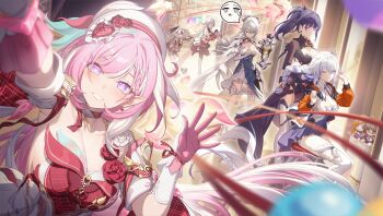 6+girls ;) absurdres animal_ears balloon beret black_hair black_shorts blue_dress blue_eyes blush breasts bronya_zaychik bronya_zaychik_(silverwing:_n-ex) character_doll chinese_commentary cleavage commentary_request coralie_6626_planck diamond-shaped_pupils diamond_(shape) dog_ears dog_girl doll dress elf elysia_(hi_love_elf)_(honkai_impact) elysia_(honkai_impact) entropy_(honkai_impact_3rd) erdos_helia female_dreamseeker_(honkai_impact) gloves grey_hair happy_anniversary hat highres honkai_(series) honkai_impact_3rd hoyofair kiana_kaslana kiana_kaslana_(herrscher_of_finality) kiana_kaslana_(white_comet) large_breasts leylah_(honkai_impact) long_braid long_hair looking_at_viewer madyy multicolored_hair multiple_girls one_eye_closed pink_gloves pink_hair pointy_ears ponytail purple_eyes purple_hair raiden_mei raiden_mei_(apho) raiden_mei_(danzai_spectramancer) red_dress self_cosplay senadina shorts smile spoken_expression stuffed_toy symbol-shaped_pupils triangle_mouth two-tone_hair very_long_hair white_hair