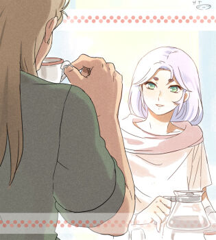 2boys alternate_costume aries_muu blonde_hair casual coffee coffee_pot cup from_behind green_eyes green_shirt hikimayu holding holding_coffee_pot holding_cup long_hair looking_at_another male_focus mizuhara_aki multiple_boys official_alternate_costume parted_lips purple_hair red_scarf saint_seiya scarf shirt short_sleeves smile taurus_aldebaran