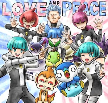 Rule 34 | 3boys, 3girls, blue hair, chimchar, closed eyes, cyrus (pokemon), gen 4 pokemon, happy, jupiter (pokemon), kicdon, looking at another, looking at viewer, mars (pokemon), multiple boys, multiple girls, nintendo, one eye closed, open mouth, piplup, pokemon, pokemon (creature), pokemon dppt, purple hair, purugly, red hair, saturn (pokemon), skuntank, smile, sparkle, spiked hair, team galactic, team galactic grunt, team galactic uniform, turtwig, v