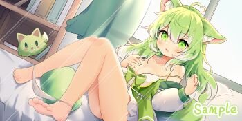 1girl absurdres ahoge animal_ear_fluff animal_ears barefoot bookshelf breasts chemise cleavage collarbone commentary_request commission covering_breasts covering_privates detached_sleeves feet fox fox_ears fox_girl fox_tail full_body green_chemise green_eyes green_hair heart heart_ahoge highres indoors knees_together_feet_apart legs light_blush long_hair looking_at_viewer multicolored_hair on_bed original panties panty_pull parted_lips sample_watermark sidelocks sitting small_breasts solo streaked_hair tail tian_yang toes two-tone_hair underwear watermark watermark_grid wavy_mouth white_hair white_panties white_sleeves window