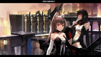 Rule 34 | 2girls, animal ears, bad id, bad pixiv id, bare shoulders, black hair, building, highres, letterboxed, long hair, multiple girls, original, pixiv fantasia, pixiv fantasia t, red eyes, swd3e2