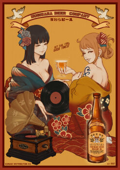 2girls ad alcohol alternate_costume beer beer_bottle black_hair blue_kimono breasts cleavage flower hair_flower hair_ornament highres japanese_clothes kimono kumanz large_breasts multiple_girls nami_(one_piece) nico_robin off_shoulder one_piece orange_background orange_kimono phonograph shoulder_tattoo simple_background sitting smile tattoo vinyl_record