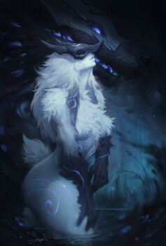 1girl absurdres black_fur black_mask blue_eyes body_markings commentary dark furry furry_female glowing glowing_eyes half_mask hand_on_own_thigh head_back highres kindred_(league_of_legends) lamb_(league_of_legends) league_of_legends looking_at_viewer mask plant signature sophyucha symbol-only_commentary two-tone_fur wading white_fur white_mask wolf wolf_(league_of_legends) wolf_mask