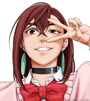 1girl ayase_momo black_choker bow bowtie brown_eyes brown_hair choker clenched_teeth collared_shirt commentary_request copyright_notice crossed_bangs dandadan earrings eyelashes floating_earrings grin gyaru hair_behind_ear hair_between_eyes hand_up highres jewelry kami_high_school_uniform lipgloss lips long_sleeves looking_at_viewer loose_bowtie medium_hair official_art pink_lips pink_sweater red_bow red_bowtie school_uniform science_saru shirt shirt_under_sweater smile smug solo straight-on sweater teeth upper_body v white_background white_shirt