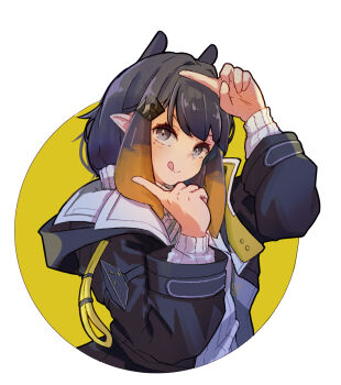 1girl :q arknights arknights:_endfield black_coat black_hair black_jacket coat commentary cosplay elun_(elun_00) endministrator_(arknights) endministrator_(arknights)_(cosplay) english_commentary hololive hololive_english jacket long_sleeves looking_at_viewer ninomae_ina'nis open_clothes open_jacket pointing pointy_ears round_image smile solo sweater tentacle_hair tongue tongue_out white_background white_sweater