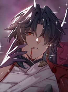 1boy 1other bandaged_chest bandages black_hair blade_(elation)_(honkai:_star_rail) blade_(honkai:_star_rail) blood blood_from_mouth commentary_request earrings honkai:_star_rail honkai_(series) jacket jewelry looking_to_the_side male_focus open_clothes open_jacket parted_hair parted_lips piercing red_eyes red_jacket shike_(i_am_morafeti) sideways_glance single_earring solo_focus tassel tassel_earrings upper_body