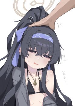 Rule 34 | 1girl, absurdres, bikini, black bikini, black hair, blue archive, blush, breasts, cardigan, commentary, ear blush, flying sweatdrops, grey cardigan, hair between eyes, hairband, half-closed eyes, halo, headpat, highres, jewelry, kilabo, long bangs, long hair, necklace, o-ring, o-ring bikini, o-ring top, off shoulder, official alternate costume, open cardigan, open clothes, parted lips, ponytail, purple hairband, ribbon, simple background, small breasts, solo, sweatdrop, swimsuit, symbol-only commentary, translation request, ui (blue archive), ui (swimsuit) (blue archive), upper body, very long hair, white background