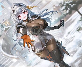 1girl absurdres armor artist_request bandaid bandaid_on_head blurry blurry_background bodysuit breasts card castle cleavage dutch_angle fingerless_gloves gloves goddess_of_victory:_nikke grey_hair hair_ornament highres large_breasts long_hair looking_at_viewer modernia_(nikke) official_art open_mouth outdoors outstretched_arm red_eyes snow thighhighs upper_body watermark