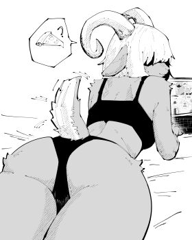 1girl ? absurdres animal_ears ass ass_focus bra closed_mouth commentary computer covered_eyes cowboy_shot english_commentary food from_behind furry furry_female greyscale hair_over_eyes hatching_(texture) highres horns laptop long_bangs lying miregeist monochrome on_stomach original panties pizza pizza_slice sheep_ears sheep_girl sheep_horns sheep_tail short_hair smile solo speech_bubble spoken_food spoken_question_mark tail tail_wagging underwear white_background