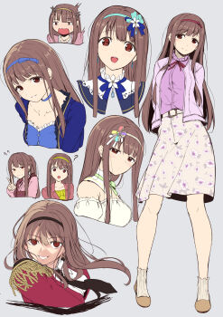 1girl ? arms_behind_back black_hairband blue_hairband blush brown_hair closed_mouth cropped_head cropped_torso dark_persona earrings epaulettes floating_hair floral_print floral_print_skirt flying_sweatdrops full_body grey_background hairband hand_up highres idolmaster idolmaster_million_live! idolmaster_million_live!_theater_days jacket jewelry long_hair long_sleeves looking_at_viewer multiple_views open_clothes open_jacket open_mouth opera_seria_kiramekiza otsumoon parted_lips pink_jacket print_skirt private_dress_(idolmaster_million_live!) red_eyes red_hairband shirt shoes simple_background skirt smile socks standing straight_hair tanaka_kotoha v white_hairband yellow_hairband