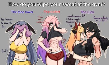 4girls abs absurdres animal_ears black_bra black_eyes black_hair black_shirt blonde_hair blue_hair bra centurii-chan character_request copyright_request crop_top dumbbell english_text executioner_maid_(centurii-chan) exercising flareze_(porforever) glasses grey_background hair_ribbon highres horns licking long_hair multiple_girls muscular muscular_female pink_hair rabbit_ears red_horns red_shorts ribbon shirt shorts simple_background sports_bra sweat sweatdrop t-shirt towel underwear wiping_with_clothes yellow_bra yuri