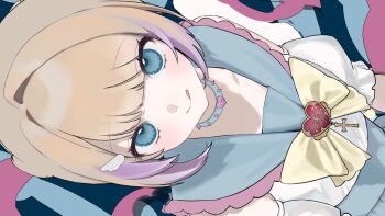 Rule 34 | 1girl, blonde hair, blue background, blue choker, blue eyes, brooch, choker, chouzetsusaikawa tenshi-chan, chouzetsusaikawa tenshi-chan (magical girl), commentary, heart, heart brooch, highres, jewelry, kishouchin, licking lips, needy girl overdose, sideways, solo, spiked choker, spikes, tongue, tongue out, unfinished