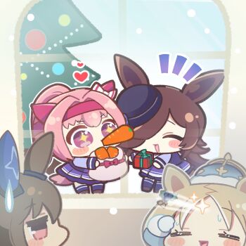 +_+ 4girls admire_vega_(umamusume) animal_ears blonde_hair blue_crown blue_flower blue_jacket blue_rose blush blush_stickers bow bowtie box brown_hair carrot chibi chibi_only closed_eyes commentary_request crown ear_bow ear_covers flipped_hair flower food gift gift_box gloves hair_between_eyes hair_over_one_eye hairband haru_urara_(umamusume) hat hat_flower headband heart highres holding holding_food holding_gift horse_ears horse_girl horse_tail jacket long_hair mini_crown mokemongetdaze mouth_hold multicolored_hair multiple_girls narita_top_road_(celestial_road)_(umamusume) narita_top_road_(umamusume) official_alternate_costume open_mouth pink_eyes pink_hair pink_headband ponytail purple_eyes purple_sailor_collar purple_serafuku purple_shirt purple_skirt purple_thighhighs rice_shower_(umamusume) rose sailor_collar sailor_shirt school_uniform serafuku shirt single_ear_cover skirt smile sparkle star-shaped_pupils star_(symbol) streaked_hair sweatdrop symbol-shaped_pupils symbol_in_eye tail thighhighs tilted_headwear tracen_school_uniform umamusume white_bow white_bowtie white_gloves white_hair