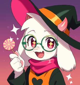 1boy :d absurdres adapted_costume animal_hands candy claws commentary deltarune english_commentary fang food furry furry_male goat_boy gradient_background halloween hat highres holding holding_candy holding_food holding_lollipop horns lollipop looking_at_viewer male_focus open_mouth pawpads perishrepublic pink_eyes pink_scarf portrait ralsei ralsei_(hat) scarf simple_background skin_fang smile solo sparkle sparkling_eyes utdr_(toby_fox)
