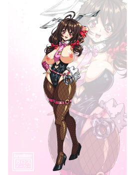 alternate_costume animal_ear_hairband animal_ears arm_behind_head artist_name black_leotard black_shoes border bow breasts breasts_out brown_hair brown_pantyhose clothing_cutout commentary cuffs fake_animal_ears fake_tail fishnet_pantyhose fishnets full_body hair_bow hairband hand_on_own_hip handcuffs heart_cutout high_heels karosu_maker kono_subarashii_sekai_ni_shukufuku_wo! large_breasts leotard long_hair necktie nipples open_mouth paid_reward_available pantyhose pillarboxed pink_background pink_necktie playboy_bunny rabbit_ear_hairband rabbit_ears rabbit_tail red_bow red_eyes shoes smile standing strapless strapless_leotard tail teeth thigh_strap tie_clip upper_teeth_only white_border yunyun_(konosuba) zoom_layer