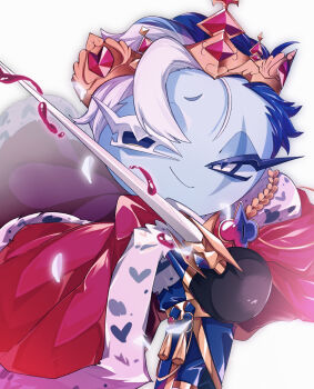 Rule 34 | 1boy, absurdres, blue eyes, blue hair, blue skin, cloak, colored eyelashes, colored skin, commentary request, cookie run, cookie run: kingdom, crown, heterochromia, highres, holding, holding sword, holding weapon, jam, kyousin sya69, multicolored hair, red cloak, shadow milk cookie, shadow milk cookie (an ad-lib ending), solo, sword, weapon, white eyelashes, white eyes, white hair