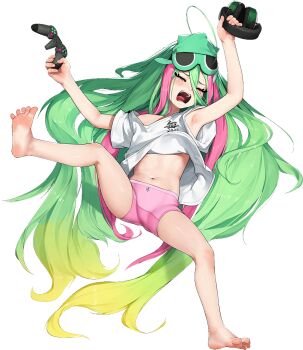 1girl ahoge beeeeen blonde_hair boyshort_panties can closed_eyes commission controller eye_mask feet game_controller gradient_hair green_hair hair_spread_out headphones highres holding holding_controller holding_game_controller holding_headphones huge_ahoge ireina_(last_origin) last_origin loli long_hair mask multicolored_hair navel official_alternate_costume official_art pink_hair safety_pin shirt spread_legs tachi-e tantrum tape tearing_up two-tone_hair very_long_hair white_shirt