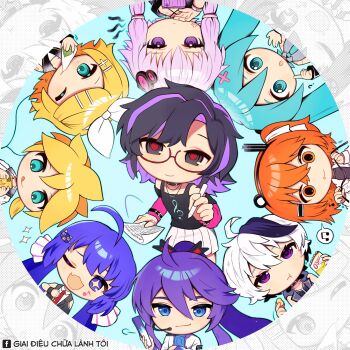 +_+ 2boys 6+girls :o :q :t ;) ;3 ;d ? a.i._voice adachi_rei ahoge anmyu artist_self-insert bag_of_chips bare_shoulders black_collar black_eyes black_hair black_jacket black_sailor_collar black_shirt blonde_hair blue_background blue_eyes blue_hair blue_necktie border bow bright_pupils brother_and_sister cellphone cheek_tattoo clothing_cutout collar collared_shirt colored_inner_hair commentary cowboy_shot criss-cross_halter curtained_hair doll_joints double-parted_bangs eating english_commentary finger_to_cheek flower_(vocaloid) flower_(vocaloid4) food glasses grey_shirt hair_between_eyes hair_bow hair_ornament halterneck hatsune_miku headset high_ponytail highres holding holding_food holding_paper holding_pen holding_phone huge_ahoge index_finger_raised jacket joints kagamine_len kagamine_rin kamui_gakupo long_hair looking_at_phone medium_hair miniskirt multicolored_hair multiple_boys multiple_girls musical_note musical_note_tattoo necktie one_eye_closed one_side_up open_clothes open_jacket open_mouth orange_eyes orange_hair original otomachi_una otomachi_una_(spicy) paper pen phone pleated_skirt ponytail purple_eyes purple_hair red-framed_eyewear red_necktie red_pupils round_border sailor_collar semi-rimless_eyewear shirt short_hair_with_long_locks shoulder_cutout siblings simple_background skirt sleeveless sleeveless_shirt smartphone smile sparkle spoken_musical_note standing streaked_hair tattoo tie_clip tongue tongue_out twins twintails two-tone_hair upper_body utau vocaloid voiceroid white_border white_bow white_hair white_jacket white_shirt white_skirt x_hair_ornament yellow_pupils yuzuki_yukari zoom_layer