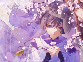 2boys absurdres aegyo_sal aimeiyou00 armor blunt_ends brown_hair cherry_blossoms closed_mouth clothing_cutout commentary_request eyelashes eyeliner eyeshadow faceless faceless_male falling_petals feathers flower genshin_impact grey_hair half-closed_eyes hands_up highres holding holding_flower instagram_logo instagram_username japanese_armor japanese_clothes kariginu kimono kote kurokote layered_sleeves long_sleeves looking_at_flowers makeup male_focus multiple_boys niwa_(genshin_impact) outdoors petals pink_lips pink_petals pom_pom_(clothes) portrait purple_eyes purple_kimono purple_sleeves purple_veil red_eyeliner red_eyeshadow ringed_eyes scaramouche_(genshin_impact) scaramouche_(kabukimono)_(genshin_impact) see-through_clothes see-through_veil shadow shoulder_cutout smile string twitter_username twitter_x_logo veil watermark white_sleeves wispy_bangs yellow_feathers