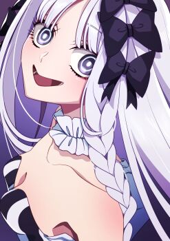 1girl absurdres bare_shoulders black_bow black_eyes blush bow braid breasts cleavage collar colored_inner_hair commentary_request detached_sleeves dress fate/strange_fake fate_(series) francesca_prelati_(fate) frilled_collar frills grey_hair hair_bow highres itsuki_keiichi long_hair looking_at_viewer medium_breasts multicolored_hair open_mouth parted_bangs ringed_eyes sidelocks smile solo striped_clothes striped_dress very_long_hair white_dress white_hair