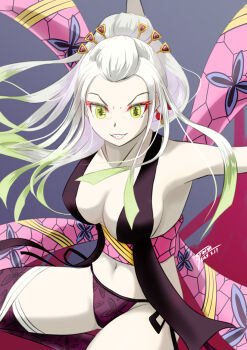 Rule 34 | 1girl, 2024, animal print, breasts, butterfly print, center opening, cleavage, colored skin, daki (kimetsu no yaiba), dated, demon girl, evil smile, eyeliner, gradient eyes, gradient hair, green eyes, grey background, hair ornament, hair stick, kimetsu no yaiba, long hair, makeup, medium breasts, multicolored eyes, multicolored hair, navel, obi, oiran, outstretched arms, parted lips, pink sash, purple thighhighs, red eyeliner, revealing clothes, sash, sideboob, single bare shoulder, smile, solo, tanyao, teeth, text in eyes, thighhighs, two-tone hair, white hair, white skin