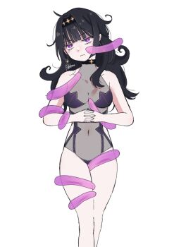 1girl adatama artist_name black_choker black_hair breasts casual casual_sex character_request choker cleavage closed_mouth collarbone copyright_request earrings feet_out_of_frame female_focus goth_fashion head_tilt highres jewelry legs long_hair magical_girl medium_breasts messy_hair mole mole_under_eye navel non-web_source nonchalant penis_on_face purple_eyes self-upload solo standing tentacles thighs white_background