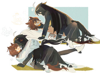 2girls absurdres agnes_tachyon_(tach-nology)_(umamusume) agnes_tachyon_(umamusume) anger_vein animal_ears artist_name between_legs black_coat black_gloves black_hair black_pantyhose black_shirt breittons brown_hair chemical_structure closed_eyes coat collared_shirt earrings face-to-face gloves grass hair_between_eyes high_heels highres horse_ears horse_girl horse_tail hug jewelry lab_coat leg_up long_hair long_hair_between_eyes long_sleeves looking_at_another lying manhattan_cafe_(creeping_black)_(umamusume) manhattan_cafe_(umamusume) medium_hair multiple_girls on_back on_ground open_mouth pantyhose shirt shoes single_earring smile tail twitter_username umamusume very_long_hair white_coat white_shoes yukadon yuri