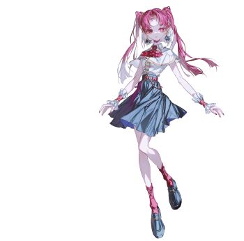 1girl absurdres breasts capelet crymachina earrings full_body highres jewelry light_smile lilly_(crymachina) loafers looking_at_viewer official_art red_eyes red_hair red_nails rolua shoes skirt small_breasts socks solo transparent_background twintails wrist_cuffs