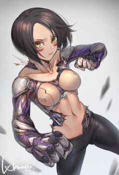 1girl absurdres alita battle_angel_alita battle_damage black_hair breasts cyborg facepaint fighting_stance furrowed_brow highres joints leggings lxkate mechanical_arms pants robot_joints short_hair solo tight_clothes tight_pants yellow_eyes