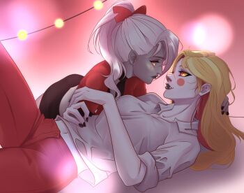 2girls ailuigcolors black_nails black_shorts blonde_hair blush_stickers bow breasts charlie_morningstar circle_facial_mark collared_shirt colored_sclera colored_skin commentary demon_girl english_commentary eye_contact grey_hair grey_skin hair_bow hazbin_hotel hellaverse highres large_breasts long_hair looking_at_another lying multiple_girls nail_polish navel no_jacket on_back pants red_eyes red_pants shirt shorts smile vaggie white_hair white_skin yellow_eyes yuri