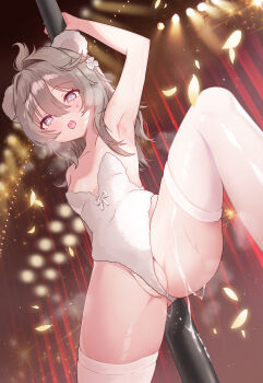 1girl @_@ absurdres animal_ears apple_caramel armpits bare_arms bear_ears blush breasts brown_hair chaos_zero_nightmare collarbone commentary_request commission cum cum_on_body cum_on_legs curtains hair_between_eyes hair_intakes hair_ornament highres leotard loli long_hair looking_at_viewer open_mouth partially_visible_vulva pixiv_commission purple_eyes pussy_juice saliva sidelocks small_breasts solo standing standing_on_one_leg sweat thighhighs thighs variant_set white_leotard white_thighhighs