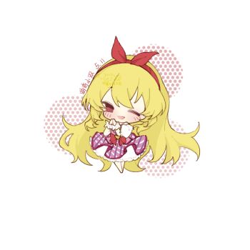 1girl absurdly_long_hair aikatsu! aikatsu!_(series) bad_link bare_legs barefoot blonde_hair bow bow_hairband brown_eyes chibi chinese_commentary circle_skirt commentary_request dress frilled_dress frilled_sleeves frilled_wrist_cuffs frills hairband halftone happy hoshimiya_ichigo idol layered_dress light_blush long_hair one_eye_closed open_mouth own_hands_together pink_dress pleated_dress puffy_short_sleeves puffy_sleeves quqi_xiao_shuang red_bow red_hairband sample_watermark short_dress short_sleeves sidelocks smile solo standing tareme very_long_hair waist_bow watermark wavy_hair white_background white_dress white_wrist_cuffs wrist_cuffs