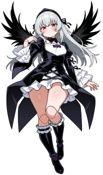 1girl :&lt; absurdres black_boots black_hairband black_wings boots closed_mouth commentary_request doll_joints dress full_body gothic_lolita grey_hair hairband highres joints juliet_sleeves lolita_fashion long_hair long_sleeves pink_eyes puffy_sleeves rozen_maiden shiguren_39 simple_background solo suigintou white_background wings