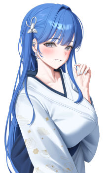1girl absurdres arcana_(nikke) blue_eyes blue_hair blush breasts collarbone commentary doenji_(auto7233) goddess_of_victory:_nikke highres japanese_clothes kimono large_breasts long_hair looking_at_viewer simple_background smile solo straight_hair upper_body very_long_hair white_background white_kimono
