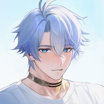 Rule 34 | 1boy, black choker, blue eyes, choker, closed mouth, commentary, crew neck, english commentary, hair between eyes, highres, honkai: star rail, honkai (series), male focus, neck tattoo, parted hair, phainon (honkai: star rail), portrait, shirt, smile, solo, tattoo, unfinished, uyouu19, white hair, white shirt