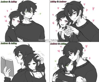 ... 1boy 1girl 4koma andrew_graves ashley_graves black_choker black_shirt black_sweater book bra bright_pupils brother_and_sister character_name choker comic couple flying_sweatdrops green_eyes greyscale heart hetero holding holding_hands hood hoodie hug incest loving_aura monochrome personality_switch pink_eyes shirt siblings smile spot_color square strap sweat sweatdrop sweater the_coffin_of_andy_and_leyley twitter twitter_username underwear watasi_tokimi white_background