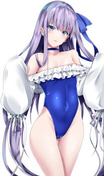 1girl bare_shoulders blue_choker blue_eyes blue_ribbon blush breasts cameltoe choker collarbone covered_navel fate/grand_order fate_(series) frilled_one-piece_swimsuit frills hair_ribbon highleg highleg_one-piece_swimsuit long_hair long_sleeves looking_at_viewer meltryllis meltryllis_(fate) meltryllis_(swimsuit_lancer)_(fate) meltryllis_(swimsuit_lancer)_(second_ascension)_(fate) off-shoulder_one-piece_swimsuit off_shoulder one-piece_swimsuit parted_lips puffy_sleeves purple_hair ribbon shirosuzu sleeves_past_fingers sleeves_past_wrists small_breasts smile solo swimsuit thighs very_long_hair white_ribbon wide_hips