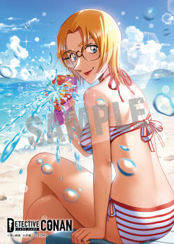 1girl ass beach bikini black-framed_eyewear blonde_hair blue_eyes blurry breasts closed_mouth cloud copyright_logo copyright_notice crossed_legs cumulonimbus_cloud depth_of_field feet_out_of_frame glasses halterneck highres holding holding_water_gun jodie_starling lens_flare logo looking_at_viewer looking_back meitantei_conan niwachichi_(maekawasan) ocean official_art outdoors sample_watermark short_hair side-tie_bikini_bottom sitting smile solo splashing striped_bikini striped_clothes summer swimsuit water_gun watermark