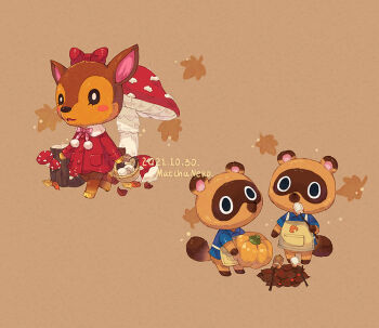 1girl 2boys animal_crossing apron artist_name autumn autumn_leaves basket black_eyes blue_shirt blush blush_stickers bow bowtie bright_pupils brown_apron brown_background buttons collared_shirt commentary dated deer_girl english_commentary fauna_(animal_crossing) fly_agaric food fur-trimmed_jacket fur_trim furry furry_female furry_male holding holding_basket holding_food holding_stick jacket leaf leaf_pile long_sleeves looking_at_another marshmallow matchaneko multiple_boys mushroom nintendo open_mouth pink_bow pink_bowtie pocket pom_pom_(clothes) pumpkin raccoon_boy red_bow red_jacket roasted_marshmallow shirt short_sleeves simple_background standing stick timmy_(animal_crossing) tommy_(animal_crossing) tree_stump walking white_pupils wing_collar