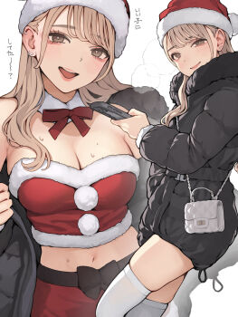 1girl :d absurdres bag bare_shoulders black_bow black_coat blonde_hair blush bow breasts brown_eyes cellphone cleavage closed_mouth coat commentary_request cowboy_shot detached_collar dress ear_piercing fur-trimmed_coat fur-trimmed_headwear fur_trim hand_in_pocket handbag hat highres holding holding_phone koh_(minagi_kou) large_breasts long_hair long_sleeves looking_to_the_side midriff mole mole_on_breast multiple_views navel neck_ribbon off_shoulder open_mouth original phone piercing red_dress red_hat red_ribbon ribbon santa_hat shoulder_bag simple_background smartphone smile steaming_body strapless sweat thighhighs translation_request tube_top undressing white_background white_thighhighs zettai_ryouiki