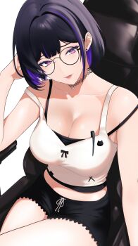 1girl absurdres alternate_hairstyle black_camisole black_hair black_shorts breasts camisole choker cleavage colored_inner_hair crossed_legs glasses hair_behind_ear head_tilt highres large_breasts looking_at_viewer loungewear meloco_kyoran midriff multicolored_hair navel navel_peek nijisanji nijisanji_en open_mouth purple_eyes purple_hair round_eyewear short_hair short_shorts shorts sitting smile smirk solo strap_slip streaked_hair sugisita_0920 tank_top virtual_youtuber white_tank_top