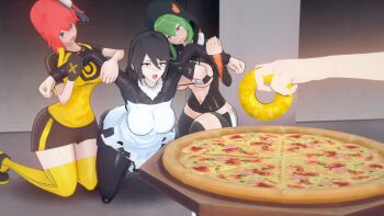 4girls aiba_ami bikini casino_(film) digimon digimon_story:_cyber_sleuth food fruit highres how_to_torture_an_italian_(meme) joe_pesci kamishiro_yuuko looking_at_another meme multiple_girls pineapple pizza shinomiya_rina skirt swimsuit what why wide_hips