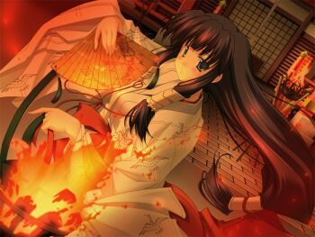 1girl black_hair blue_eyes breasts burning chihaya_(clothing) fire game_cg goma_satoshi hakama hakama_skirt hand_fan holding holding_fan japanese_clothes kimono lantern large_breasts long_hair long_sleeves low-tied_long_hair miko munakata_aoi orange_theme oshiete_miko_sensei oshiete_miko_sensei_(series) paper_fan red_hakama shrine skirt solo sunset tail torch